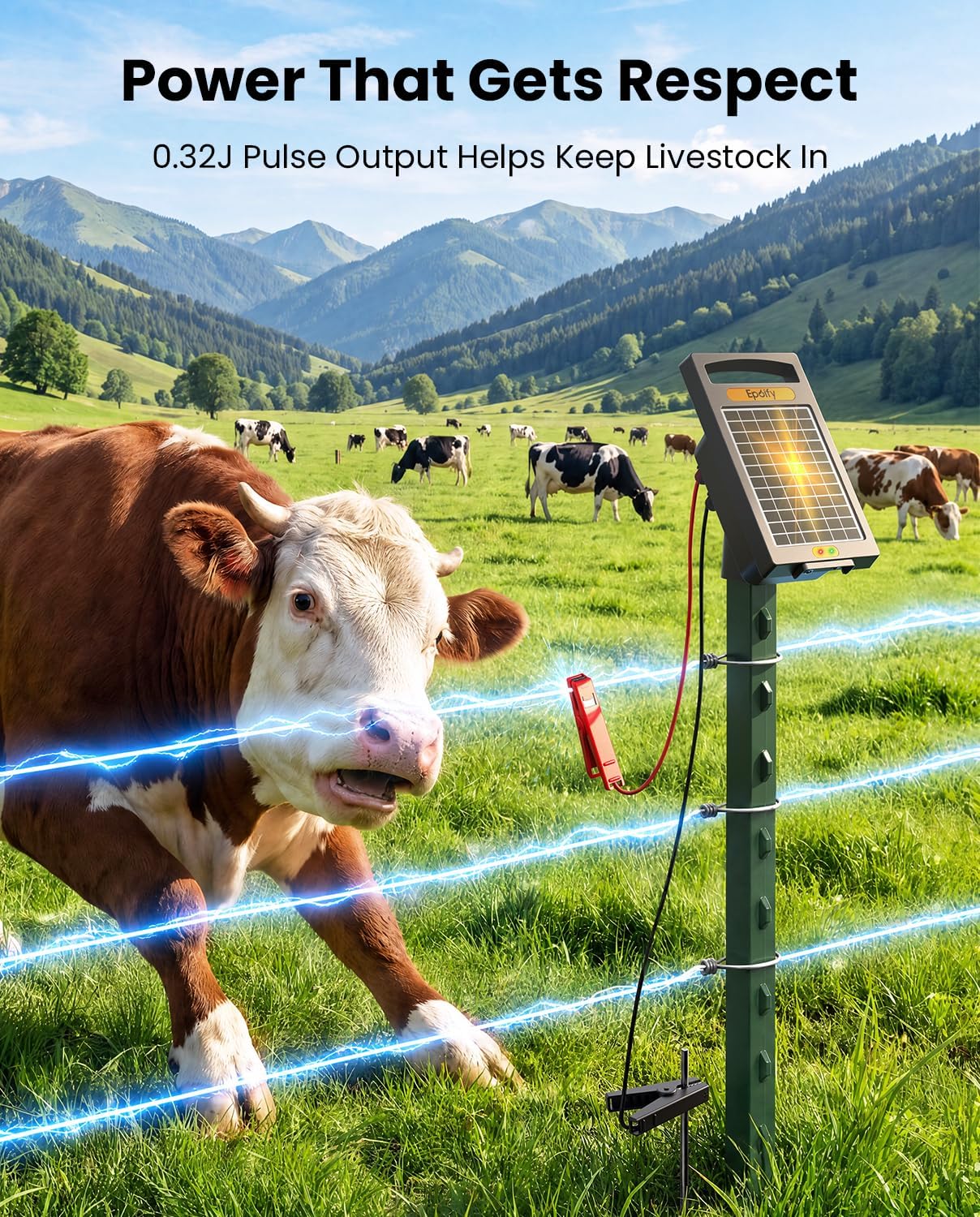 Solar Fence Charger, 0.32J, 20-Mile Coverage for Gardens, Deer | Dual solar and AC power keeps your fence running in