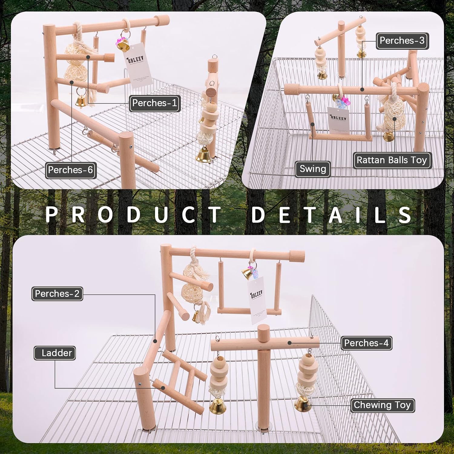 Bird Cage Play Stand Toy Set-Birdcage Wood Stands Hanging Chew Toys Ladder Swing Parrot Perch Play Gym Playground