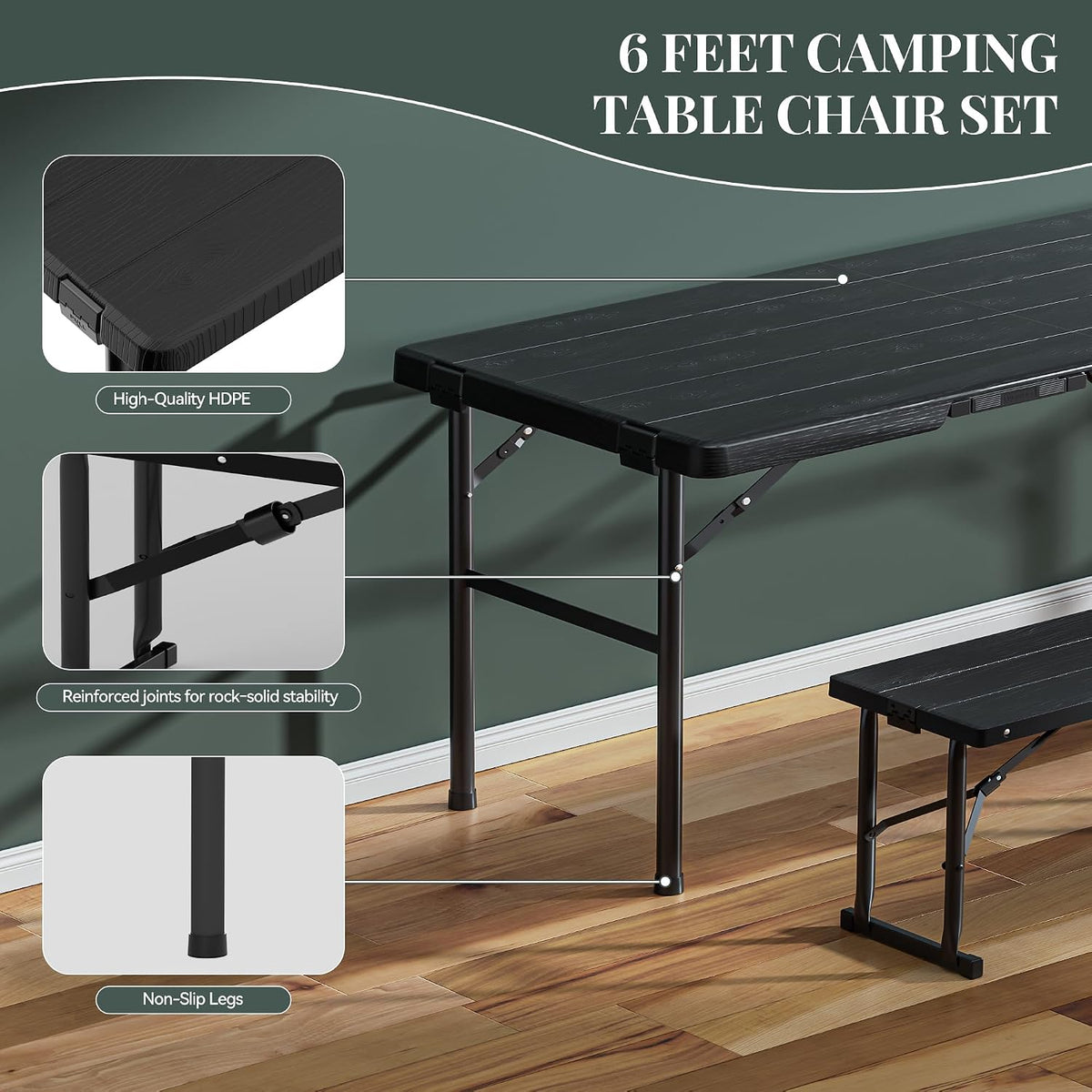 6FT Folding Table & Chair Set, Seats 6-8, Portable Black | Chairs Store Inside Table to Form Carrying Case HDPE&Steel