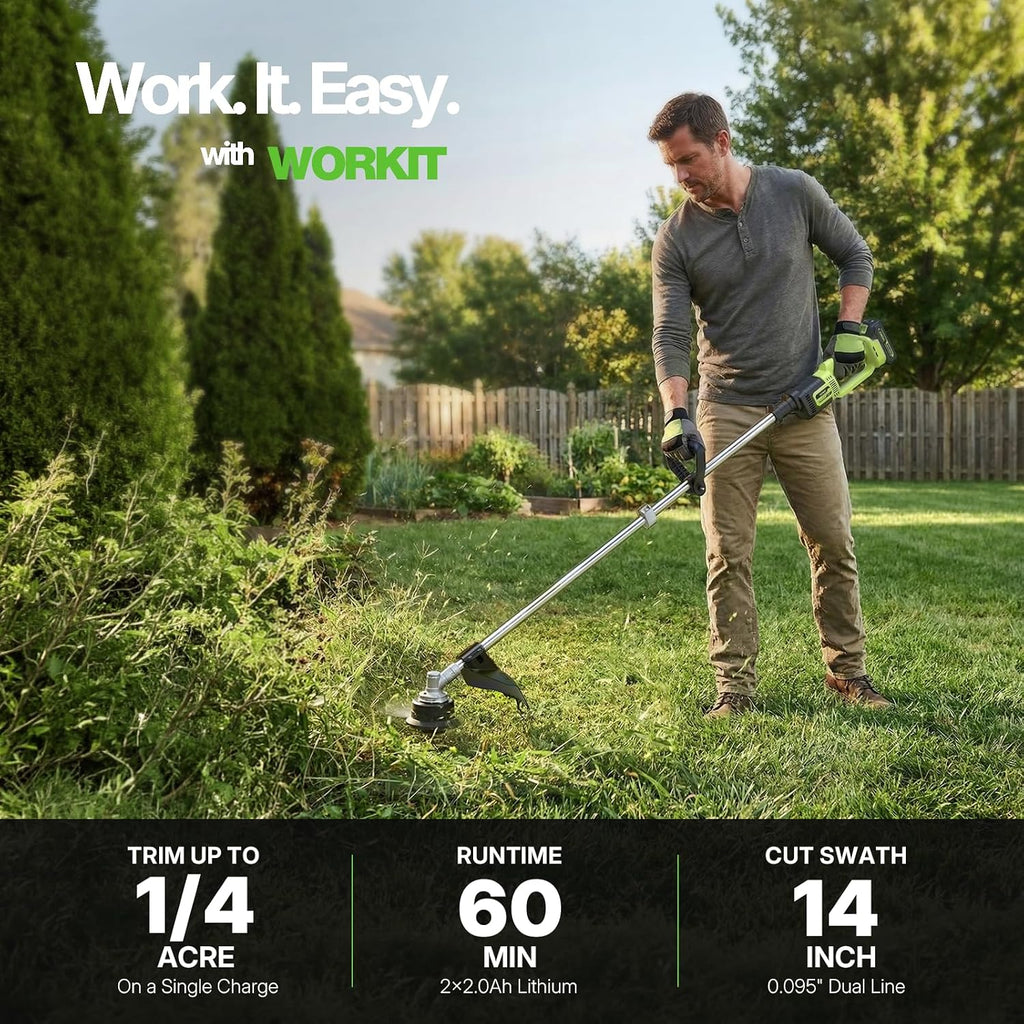 Brushless String Trimmer 14" 20V Cordless Weed Wacker | 2×2.0Ah Batteries, 0.095" Dual Line Auto Feed, Lightweight