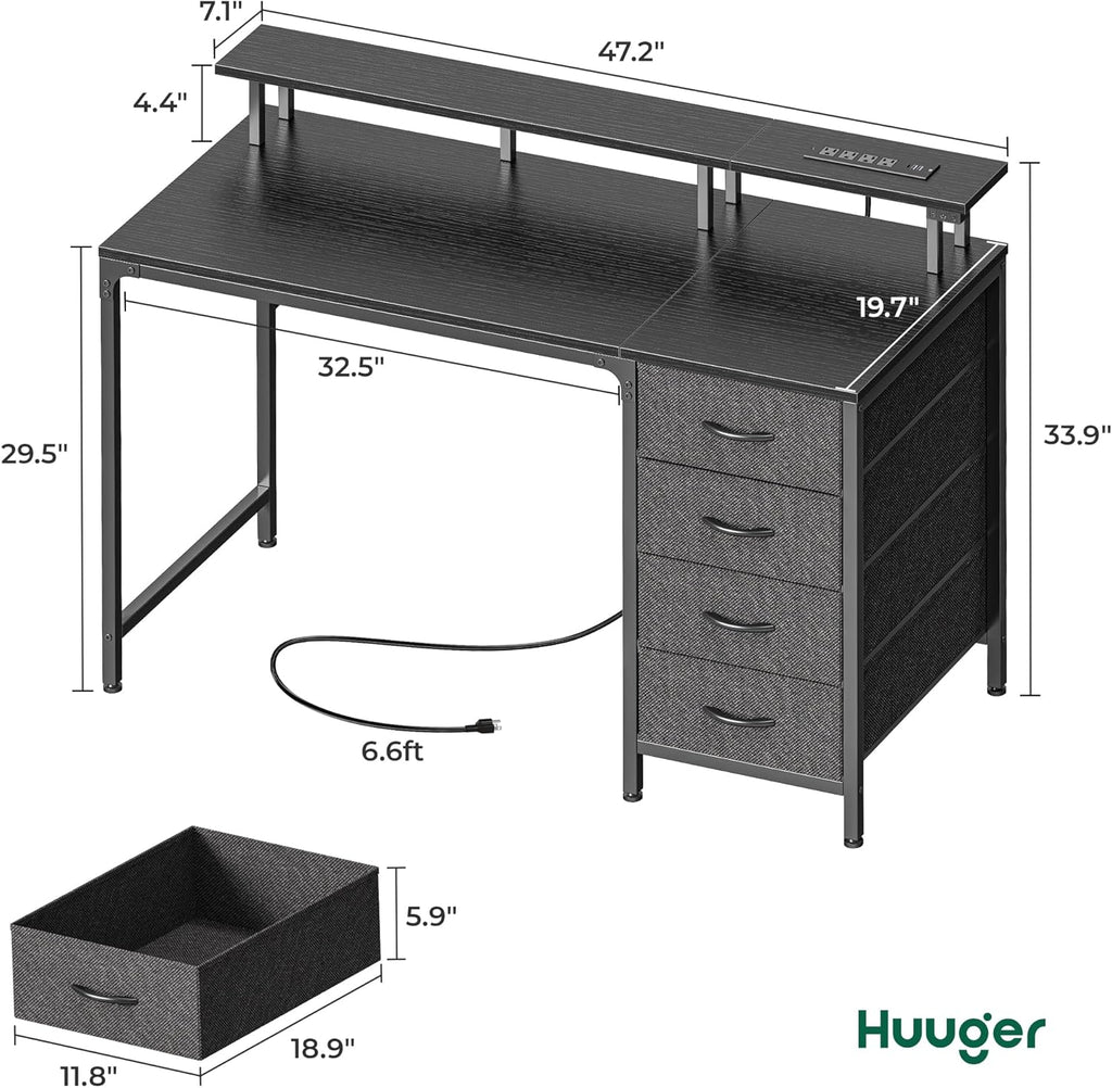 47 Inch Computer Desk with Power Outlets and LED Lights, Gaming Desk with 4 Drawers, Office Desk with Monitor Stand