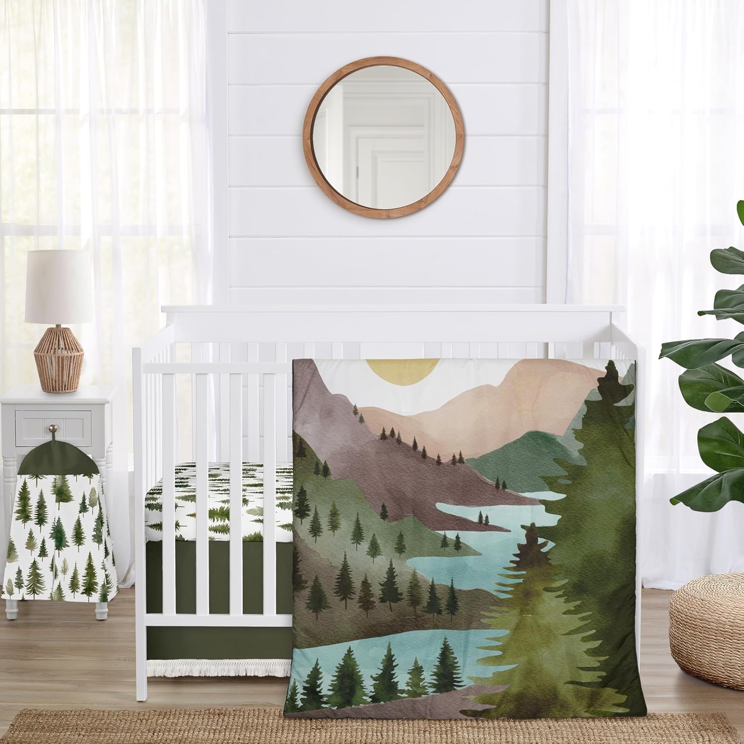 4-Piece Baby Crib Bedding Set (Sage Green Woodland) for Boys or Girls, Infants/Nursery incl. Blanket, Fitted Sheet