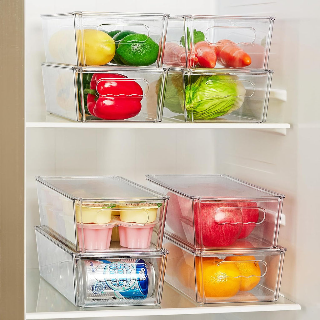 8pcs Clear Organizers and Storage Bins with Lids, Stackable Plastic Storage Containers with Handles for Fridge