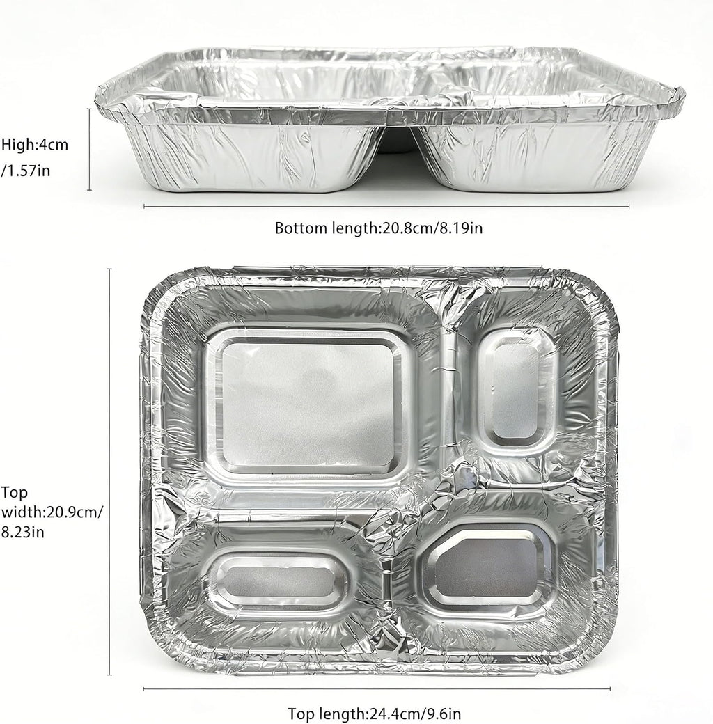 20 Pack 9.6 x 8.5 Inch 4-Compartment Disposable Aluminum Foil Trays with Lids, Oven Safe Food Containers for Takeout