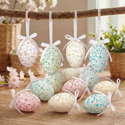 24 Pcs Easter Eggs Hanging Ornaments, Colorful Foam Easter Hanging Eggs Decorations with Bow Bunny and Floral Designs