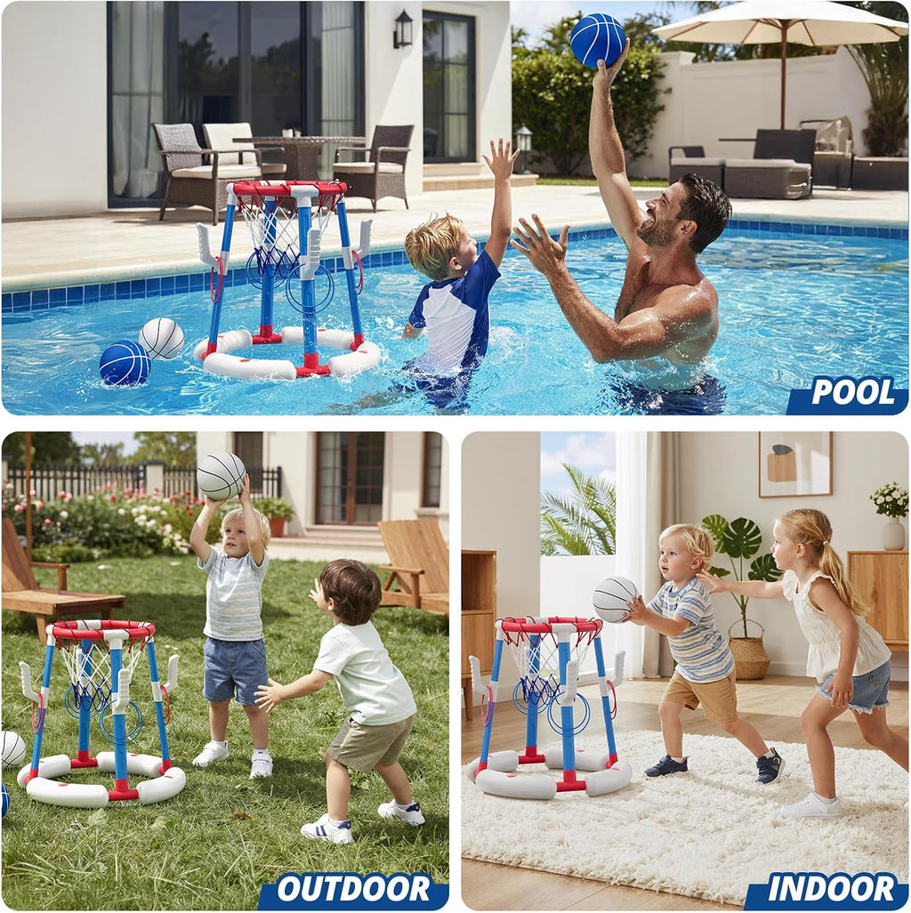 2 in 1 Pool Basketball Hoop with Ring Toss, Floating Pool Toys, Red | Anti-Tip Stable Base with 4 Balls/8 Rings/Pump