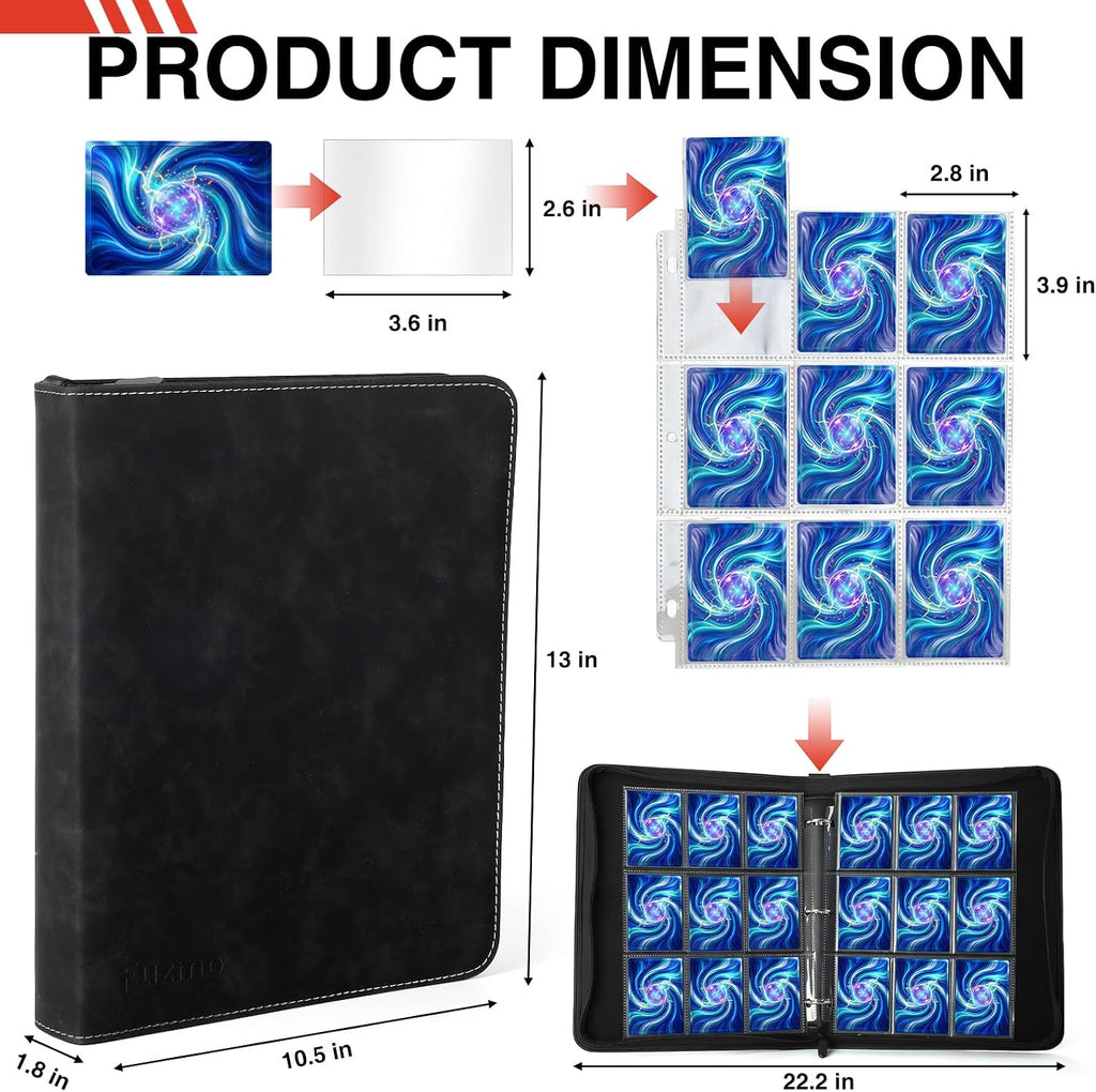 9 Pocket Trading Card Binder, 900 Cards Zip Album, Black | 50 Pcs Double Sided Sleeves, 3 Rings, Card Collection for