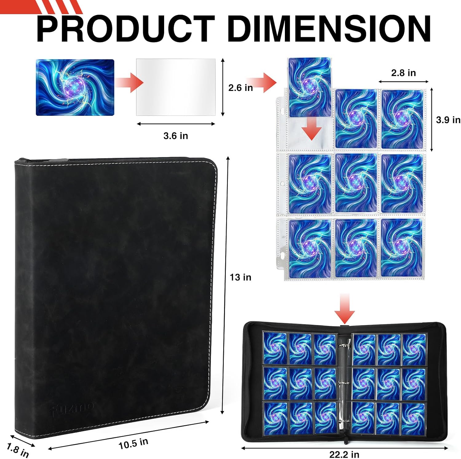 9 Pocket Trading Card Binder, 900 Cards Zip Album, Black | 50 Pcs Double Sided Sleeves, 3 Rings, Card Collection for