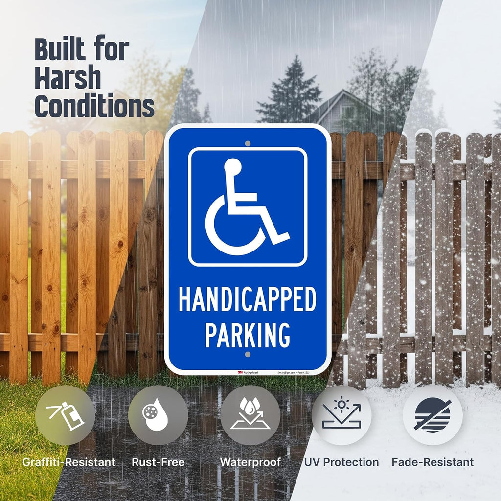 Handicapped Parking Sign, 12 x 18 Inches 3M Engineer Grade Reflective Aluminum, Pre-Drilled Holes, USA Made