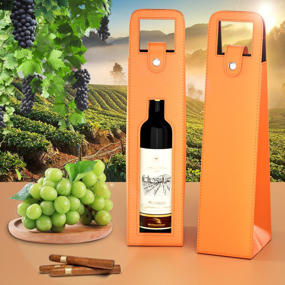 Orange Wine Gift Bag, Leather Wine Tote, Single Bottle Wine Carrier