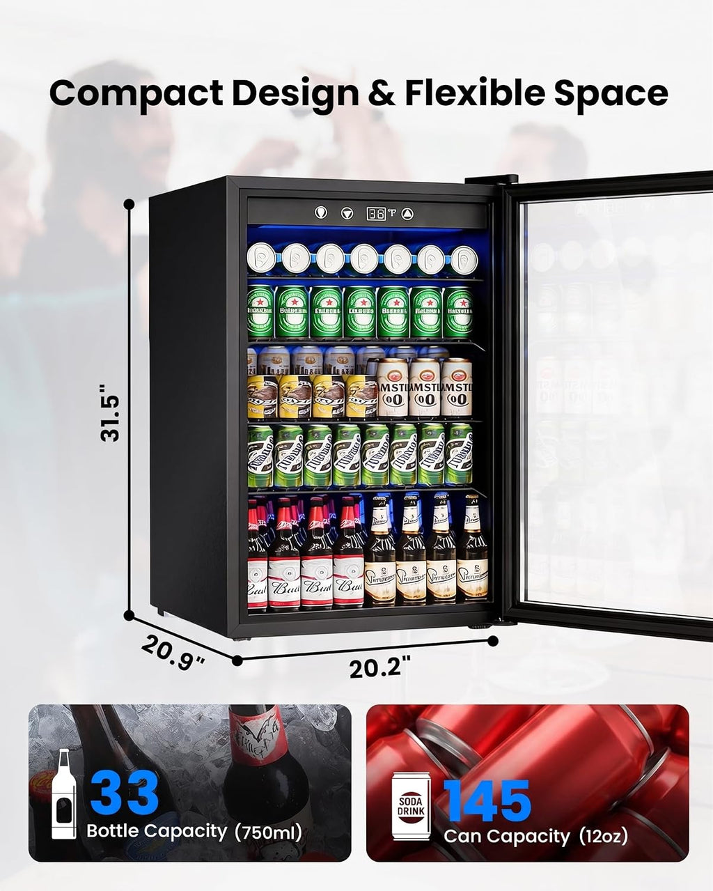 4.5Cu.Ft Beverage Refrigerator 145Can Mini Fridge Glass Door Black