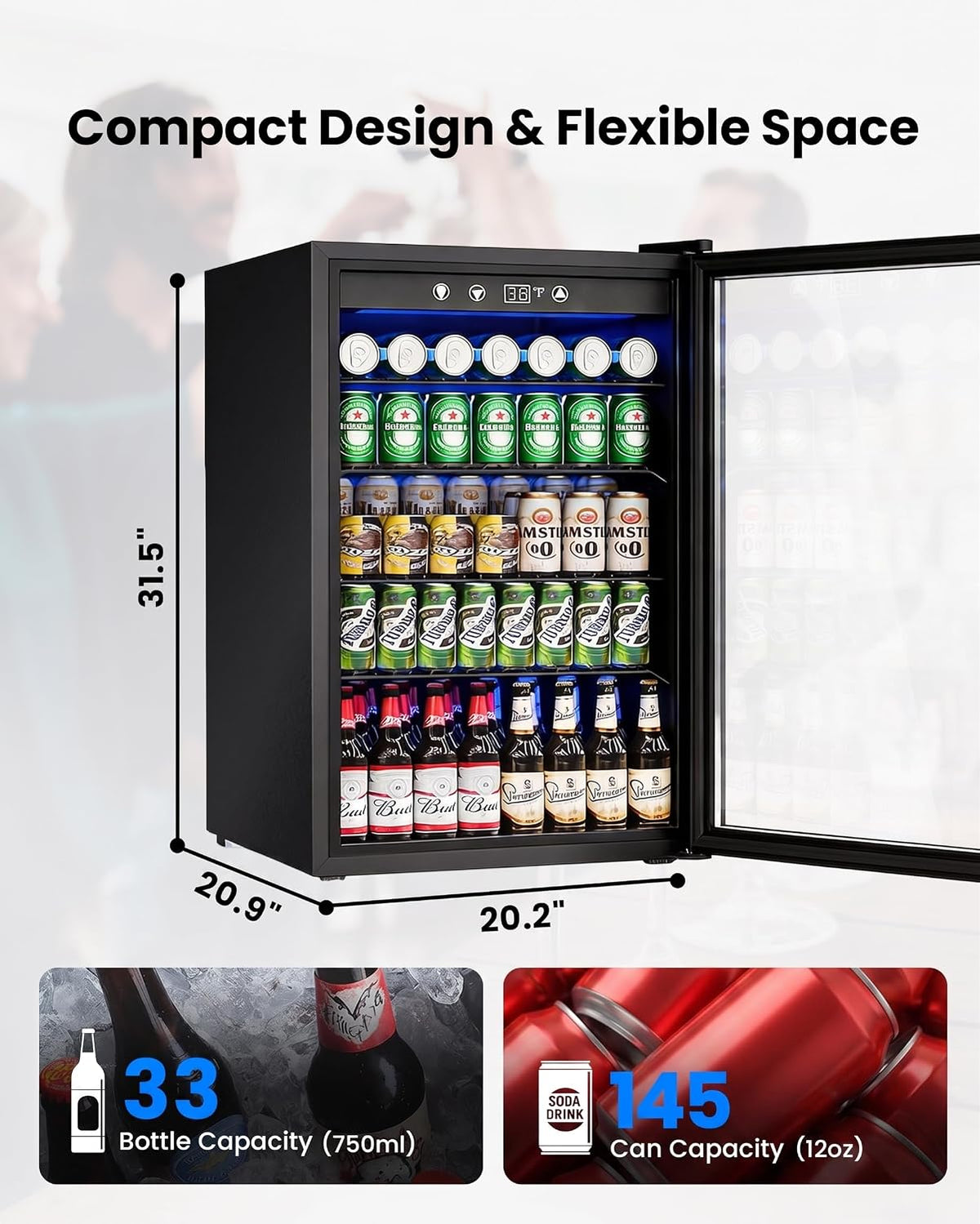 4.5Cu.Ft Beverage Refrigerator 145Can Mini Fridge Glass Door Black