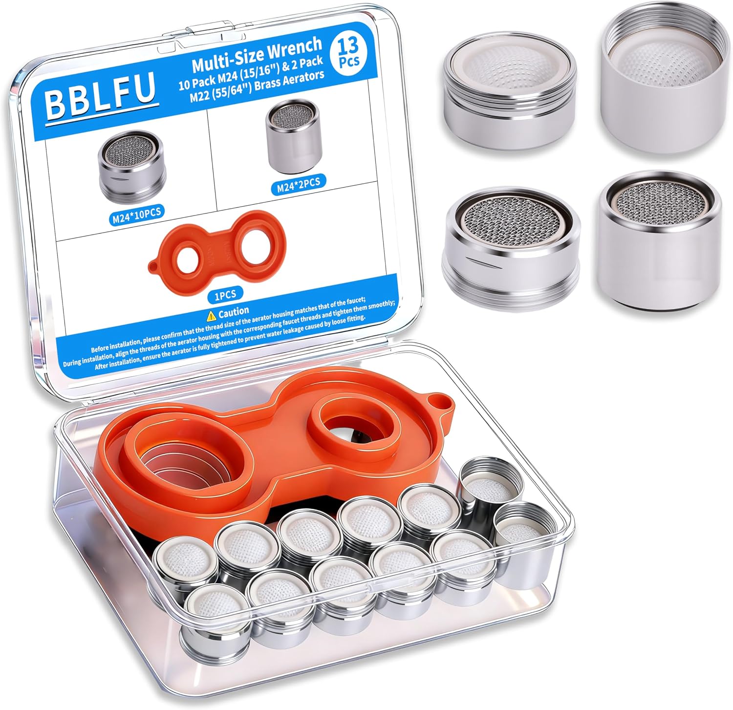 Kitchen Faucet Aerator Replacement, Anti-Splash with Multi-Size Wrench, 10 Pack M24 (15/16") & 2 Pack M22 (55/64")