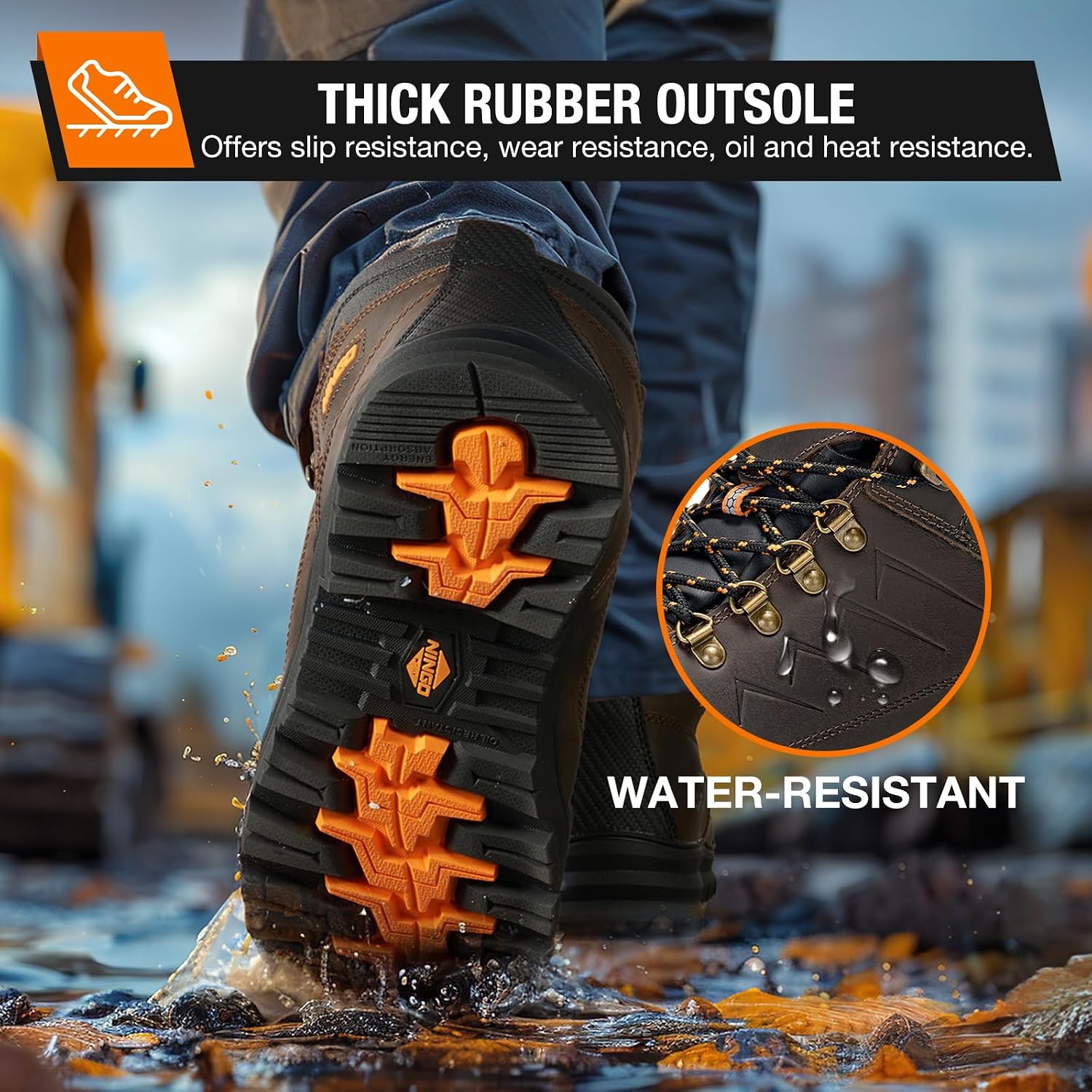 Mens Steel Toe Work Boots, Full Grain Leather, Oil and Slip Resistant, Puncture Proof Construction Boots with