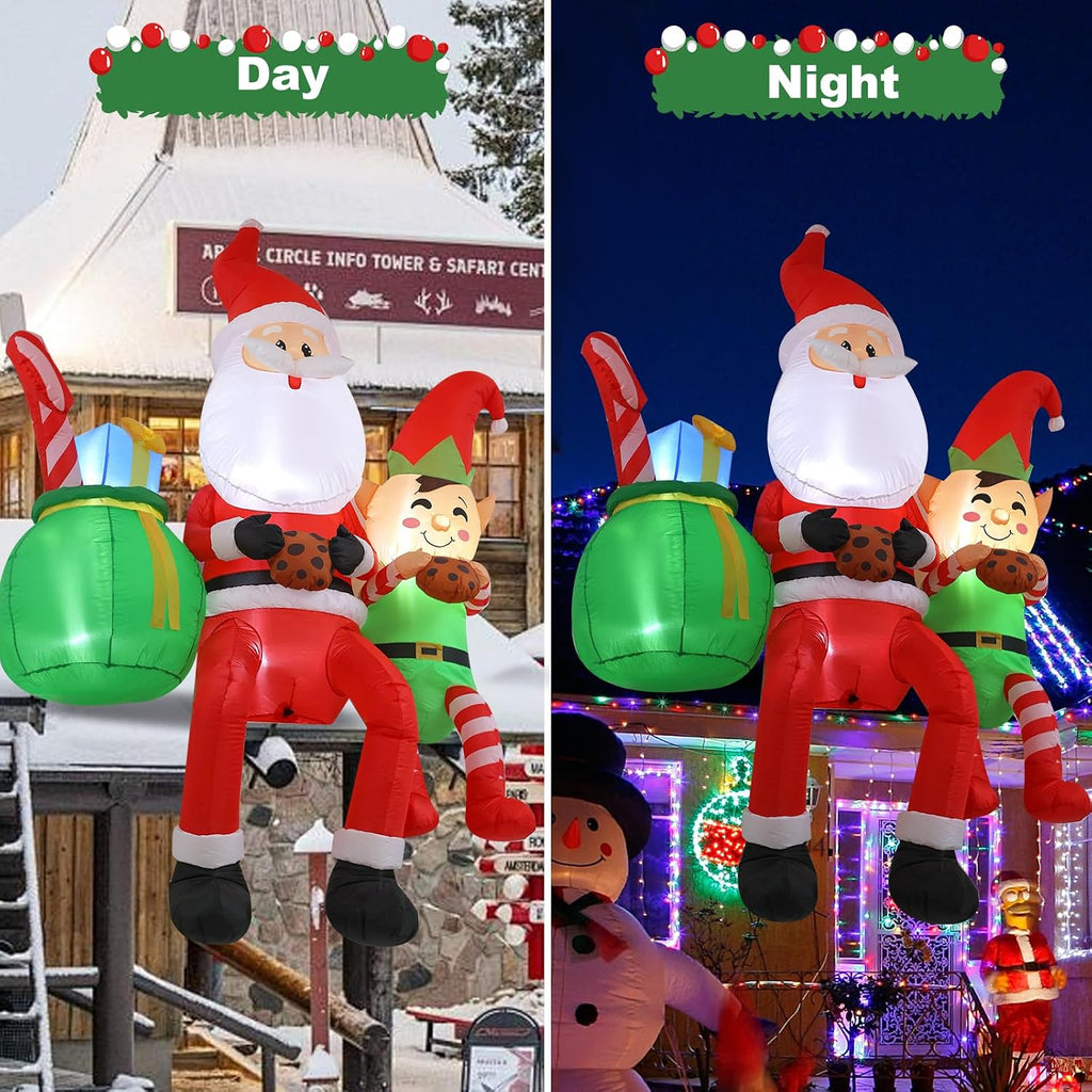8FT Santa Claus Sitting on the Roof Christmas Inflatable Decoration with LED Lights, Suitable for Holiday Celebration