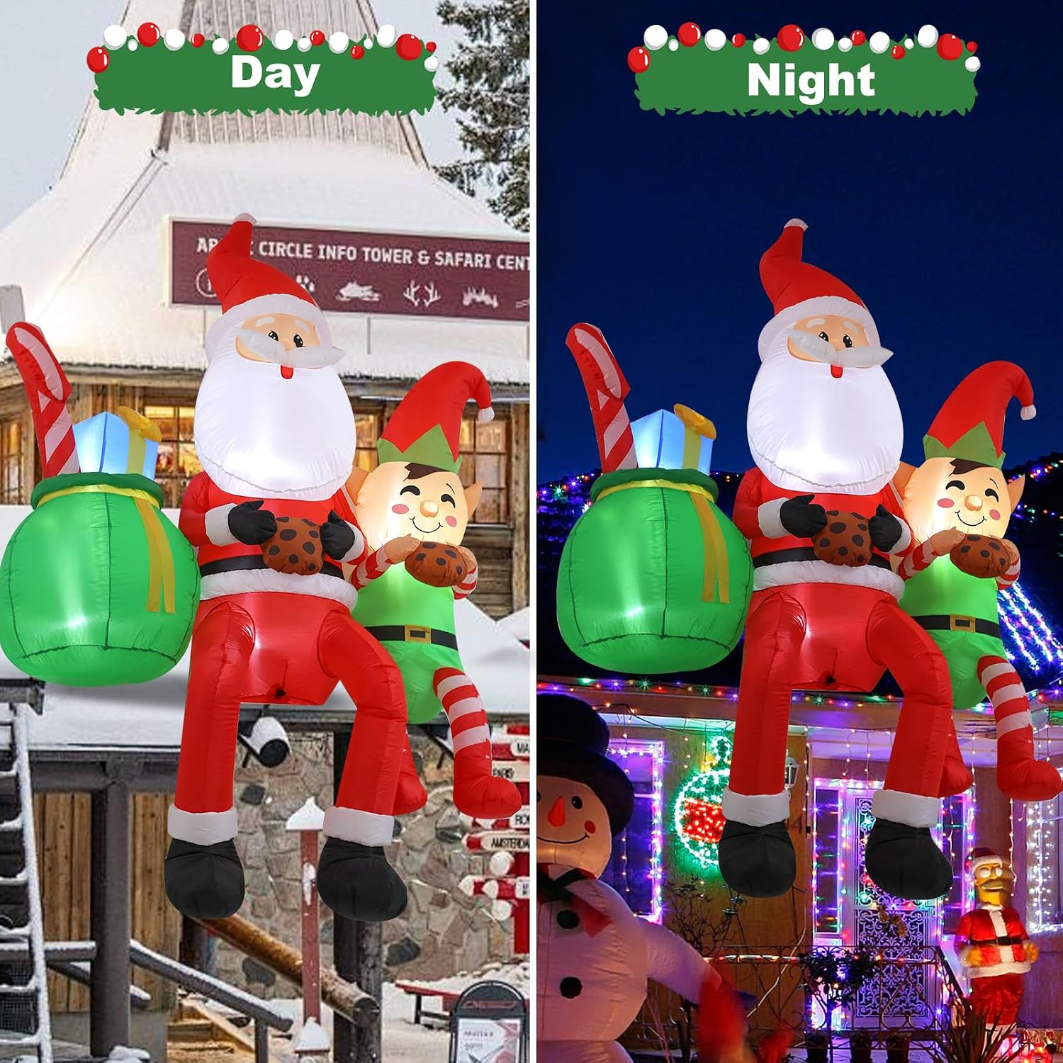 8FT Santa Claus Sitting on the Roof Christmas Inflatable Decoration with LED Lights, Suitable for Holiday Celebration