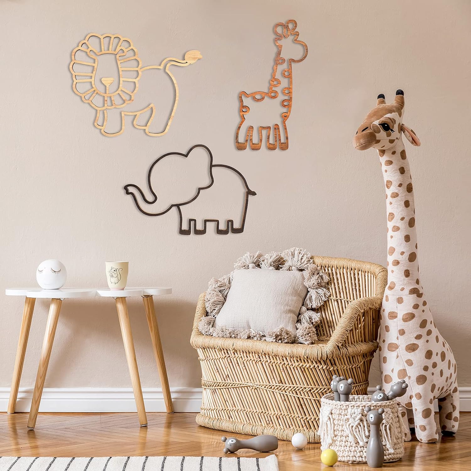 3 Pieces Nursery Wall Decor Jungle Theme Nursery Decoration Wooden Woodland Safari Animal Wall Decor with Glue Points
