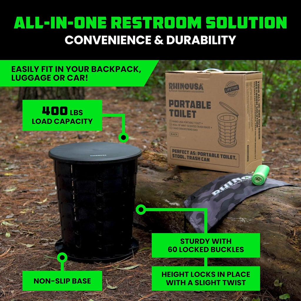 XL Portable Toilet for Camping (400lb Capacity) - Adjustable | Retractable, Collapsible Design. Adjustable Height