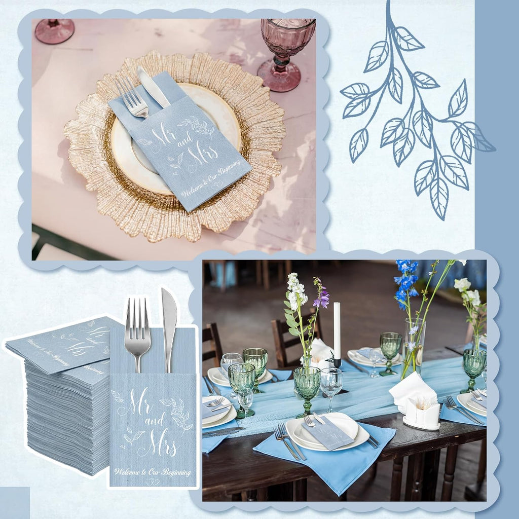 100 Pcs Linen Feel Napkins Disposable, Blue Mr and Mrs