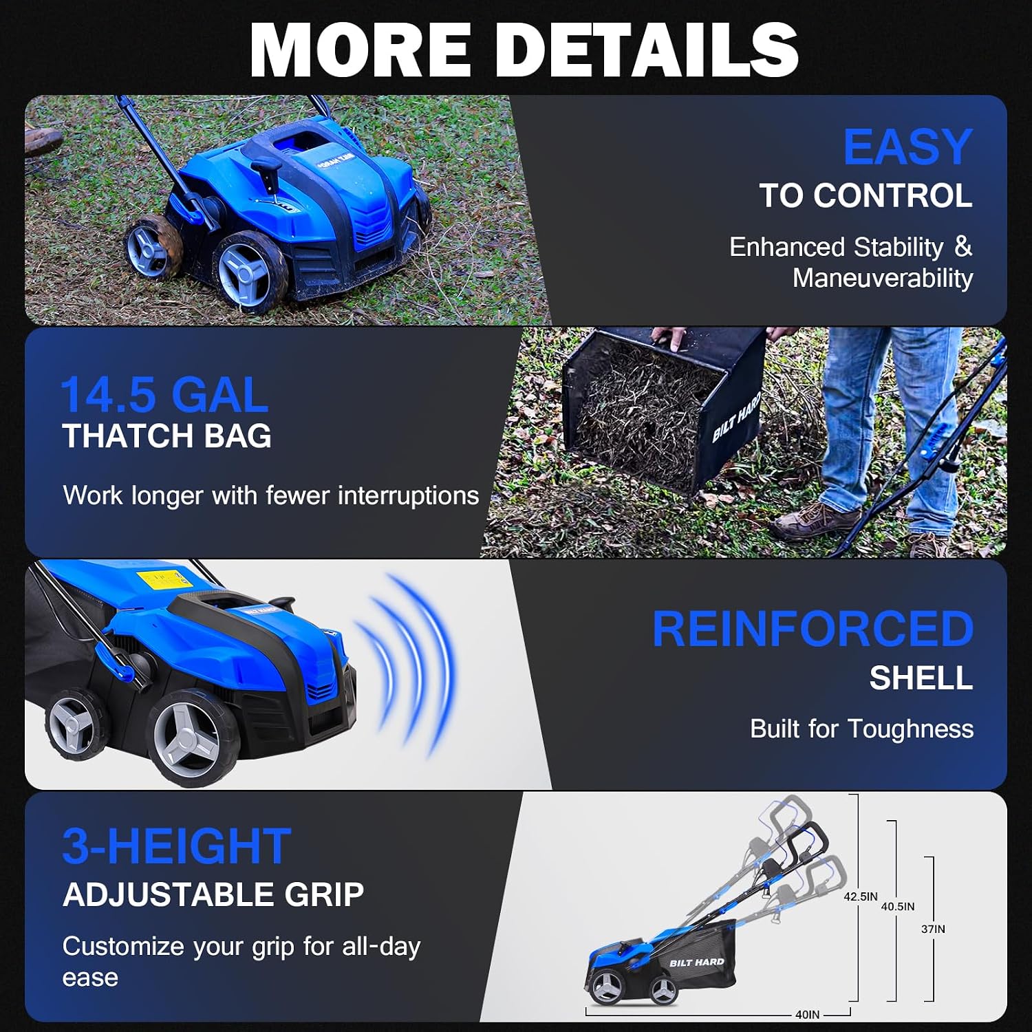 16 Inch Dethatcher Scarifier Electric Powered, 15 Amp Copper Motor, 5-Position Depth Adjustment, 14.5 gal Thatch Bag