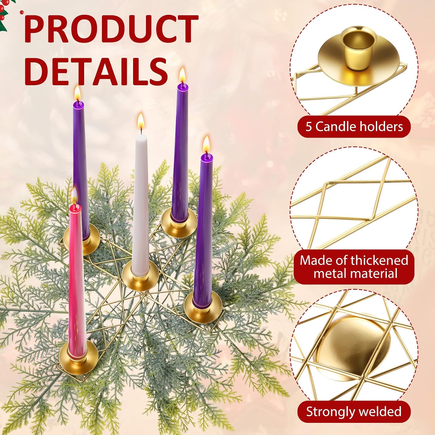 1 Pcs Christmas Advent Candle Wreath Ring Metal Candle Holder for Pillar Advent Rustic Candlesticks Holders for Xmas