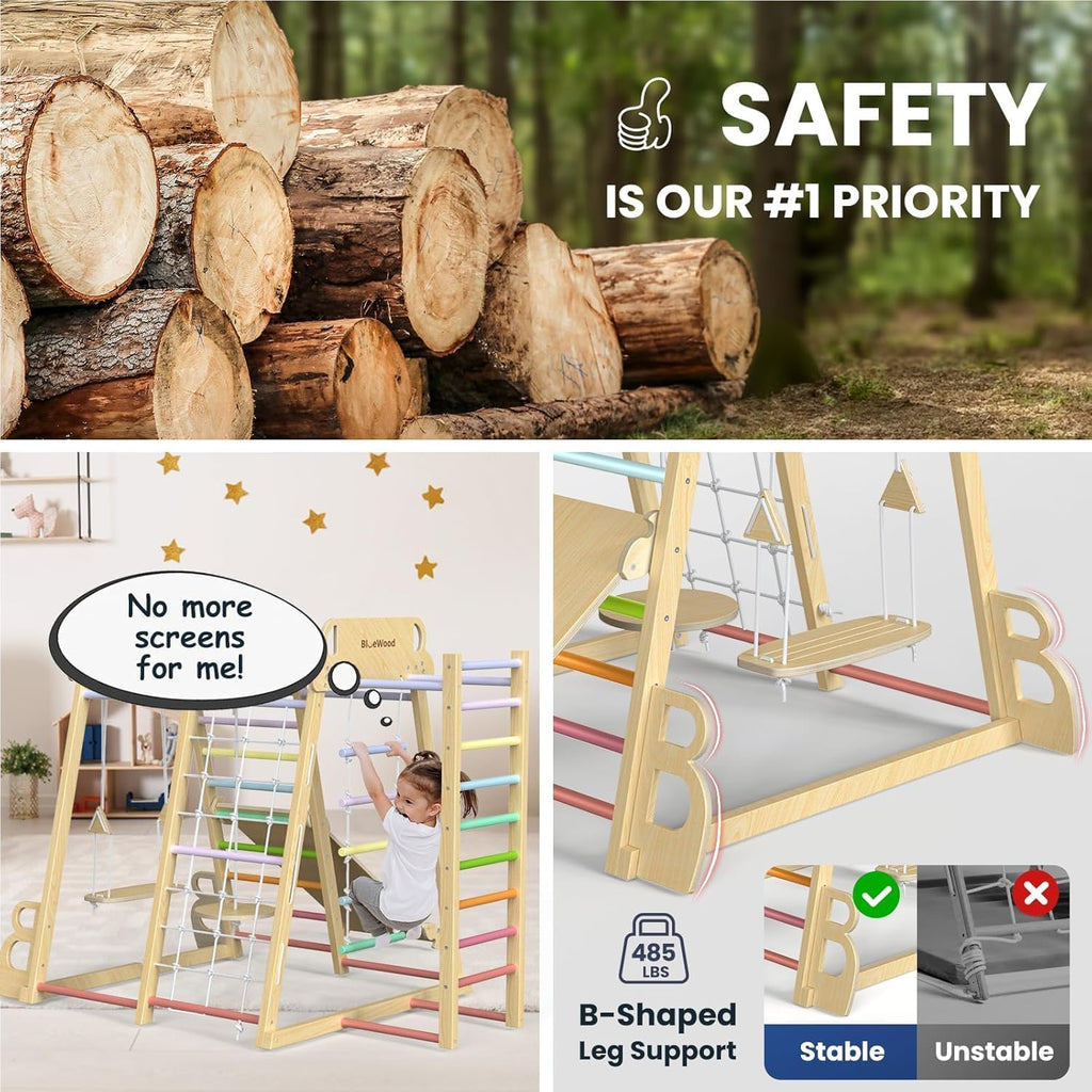 Upgraded Indoor Jungle Gym 9-in-1 Playground Kids Climbing Toys, Waldorf Style Wooden Climber Playset with Slide