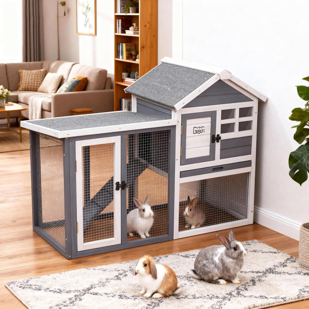Wooden Rabbit Hutch, Indoor Outdoor Chicken Coop Bunny Cage with Waterproof Roof