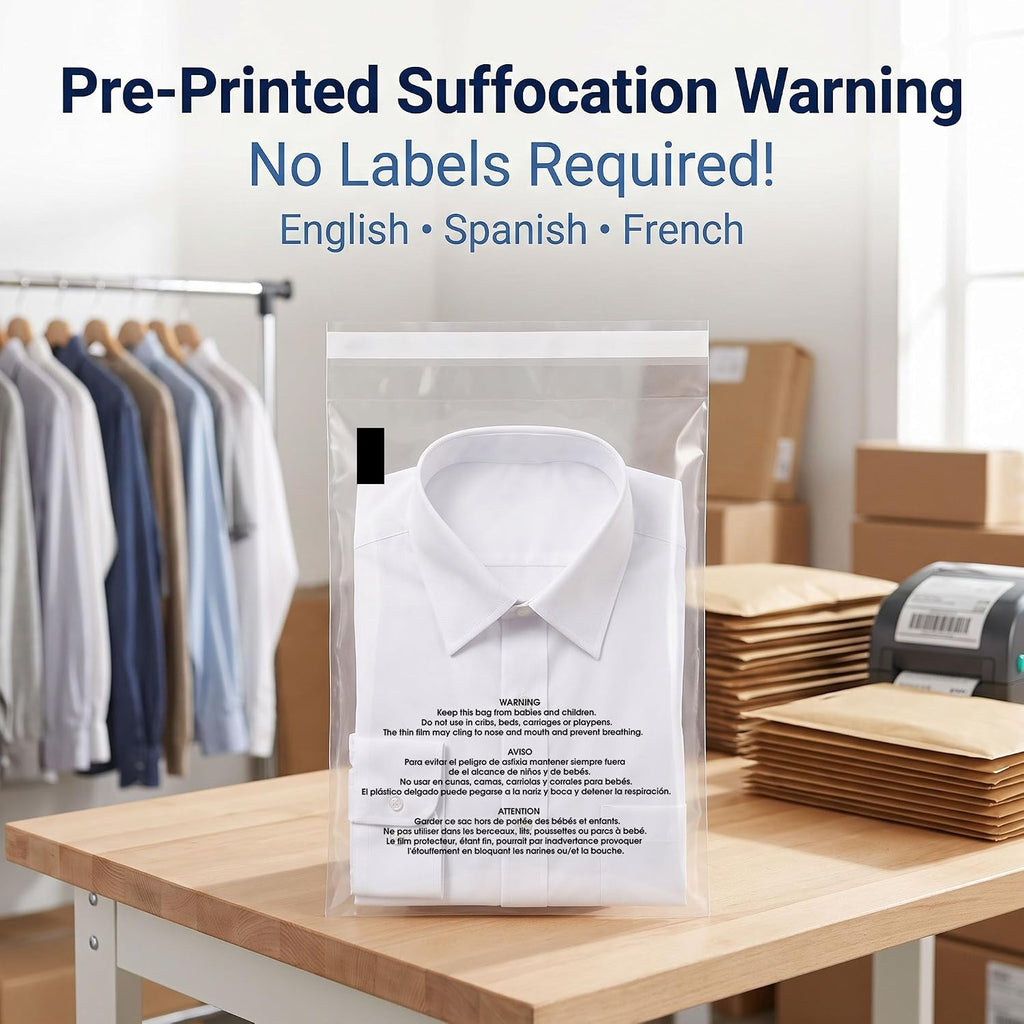 9" X 12" (100 Count) Self Seal Clear Poly Bags with Suffocation Warning