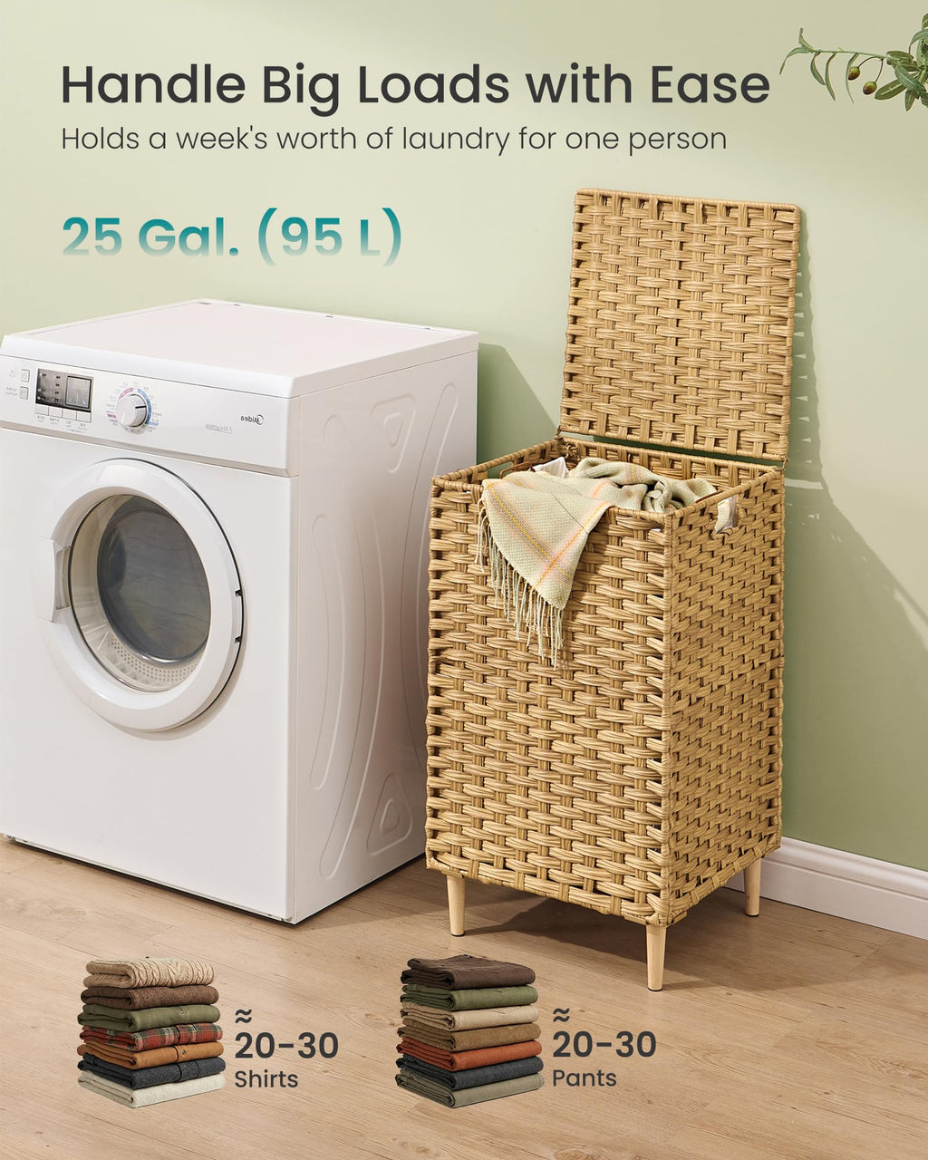 Laundry Hamper with Lid, PE Rattan, 25 Gallons (95 L)