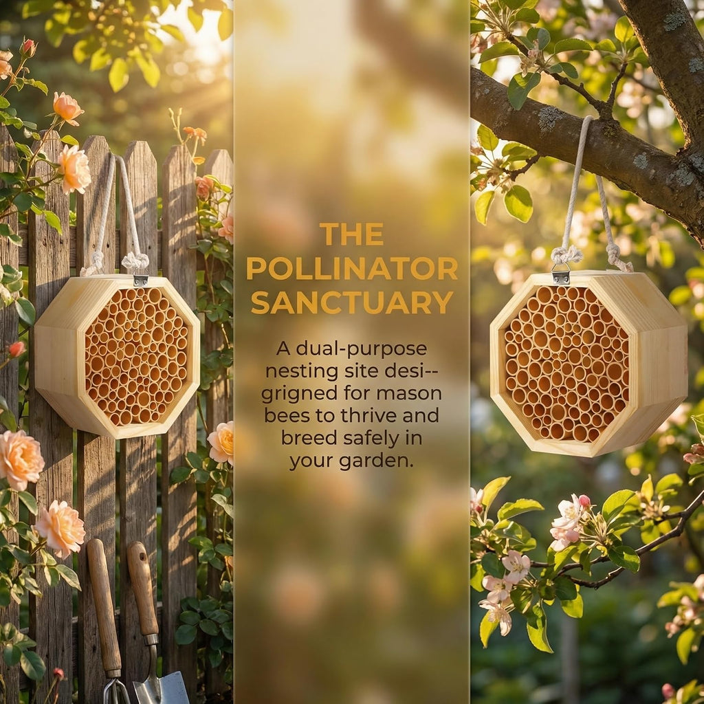Mason Bee House - Handcrafted Natural Wooden Bee Hotel with Waterproof Wax Coating - Attracts Peaceful Pollinators