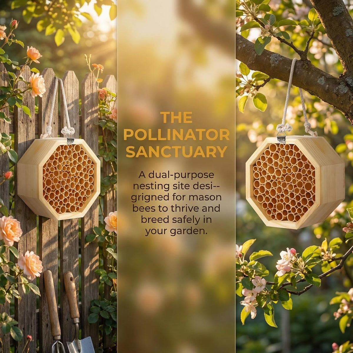 Mason Bee House - Handcrafted Natural Wooden Bee Hotel with Waterproof Wax Coating - Attracts Peaceful Pollinators