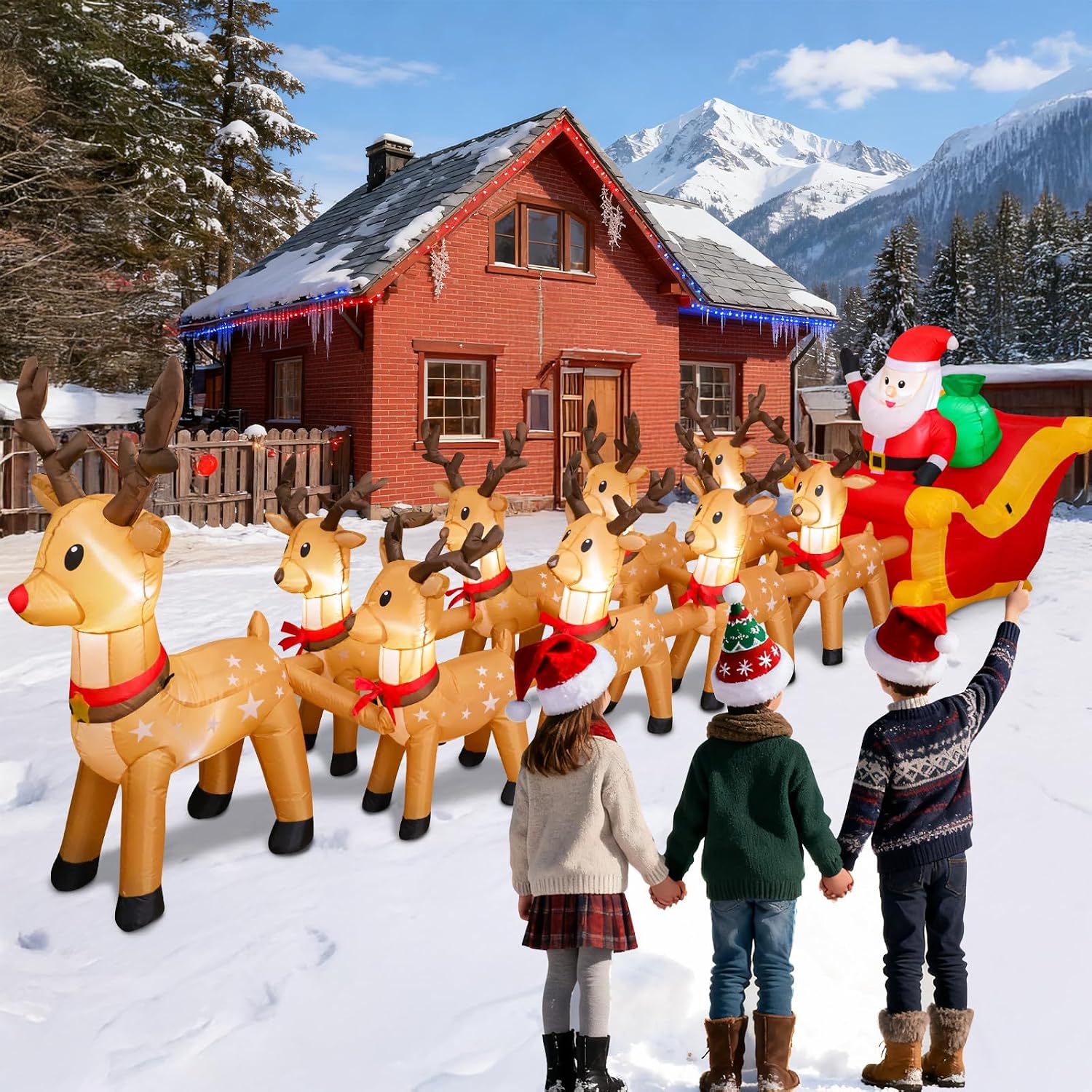 14 FT Christmas Inflatables Outdoor Decorations, Santa Claus Sleigh and 9 Reindeers Inflatable Xmas Blow up Yard