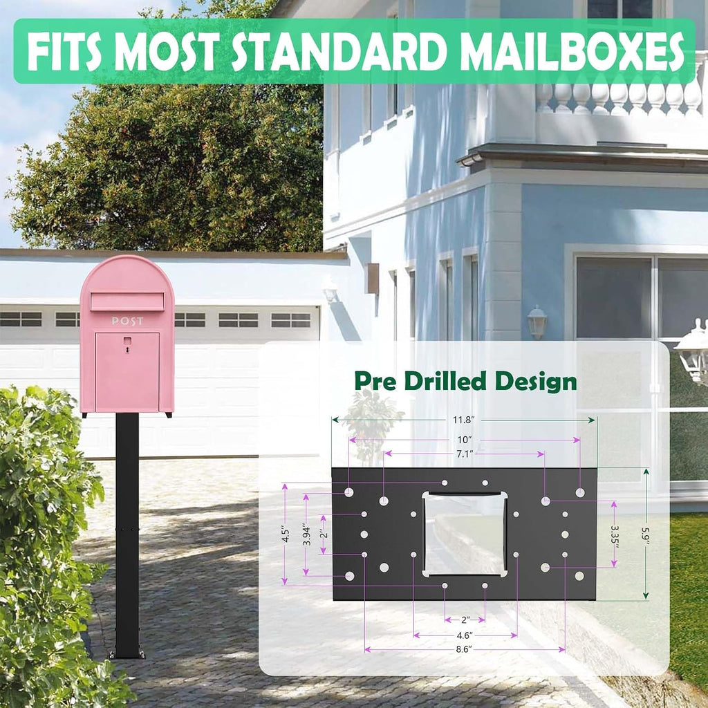 43" Heavy Duty Steel Mailbox Post with Base Plate | 4x4 In Ground Mailbox Posts for Outside, 12x6" Universal Mounting