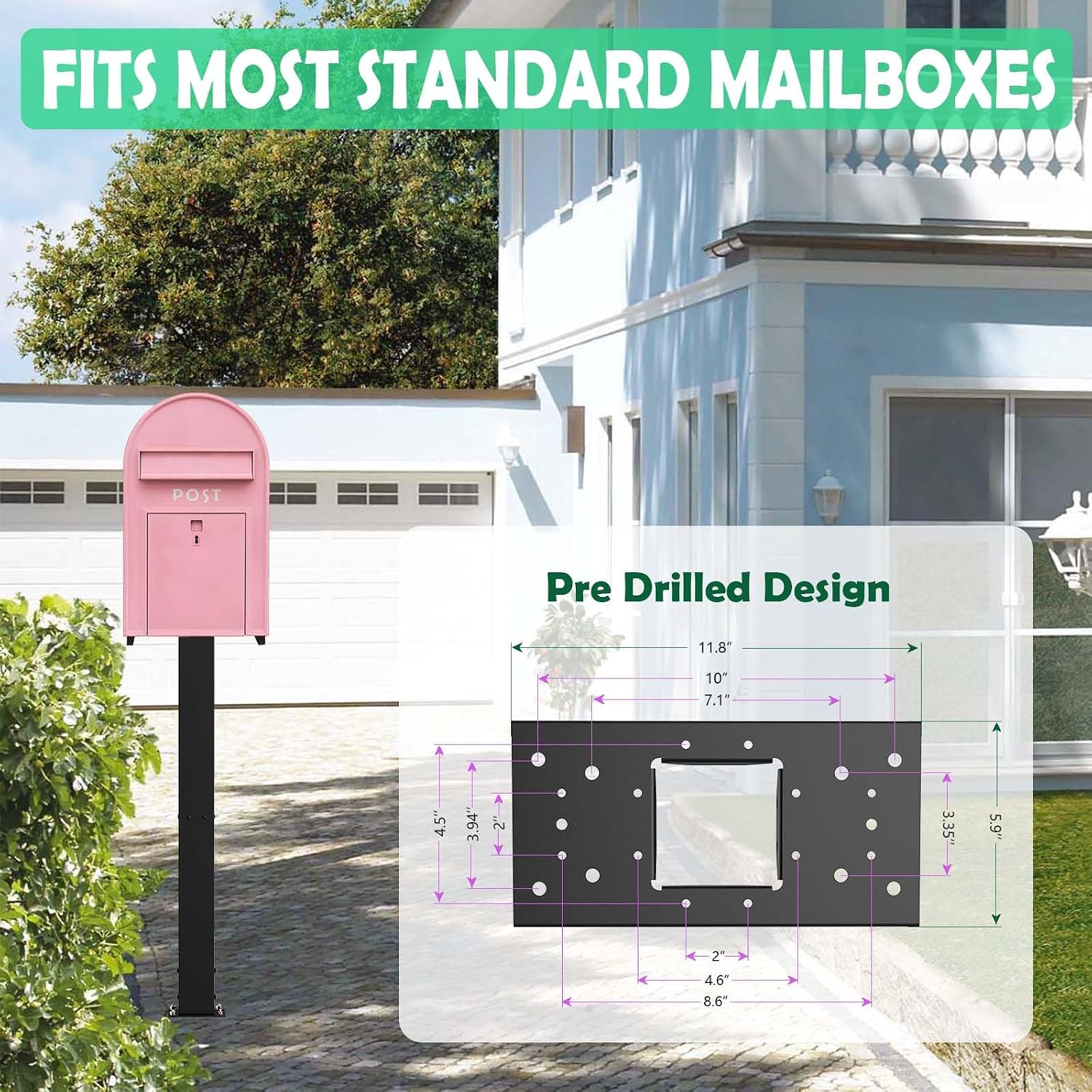 43" Heavy Duty Steel Mailbox Post with Base Plate | 4x4 In Ground Mailbox Posts for Outside, 12x6" Universal Mounting