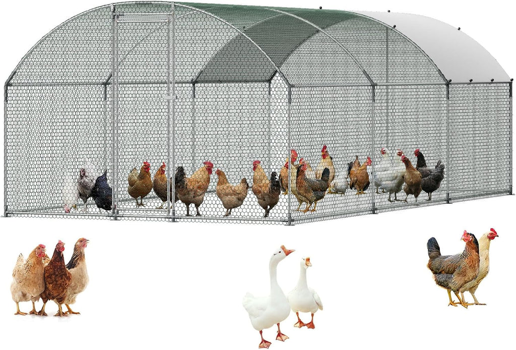 Large Metal Chicken Coop with Run, 19.6 x 9.8 x 6.5 ft Walkin Chicken Coop for Yard with Waterproof Cover, Dome Roof