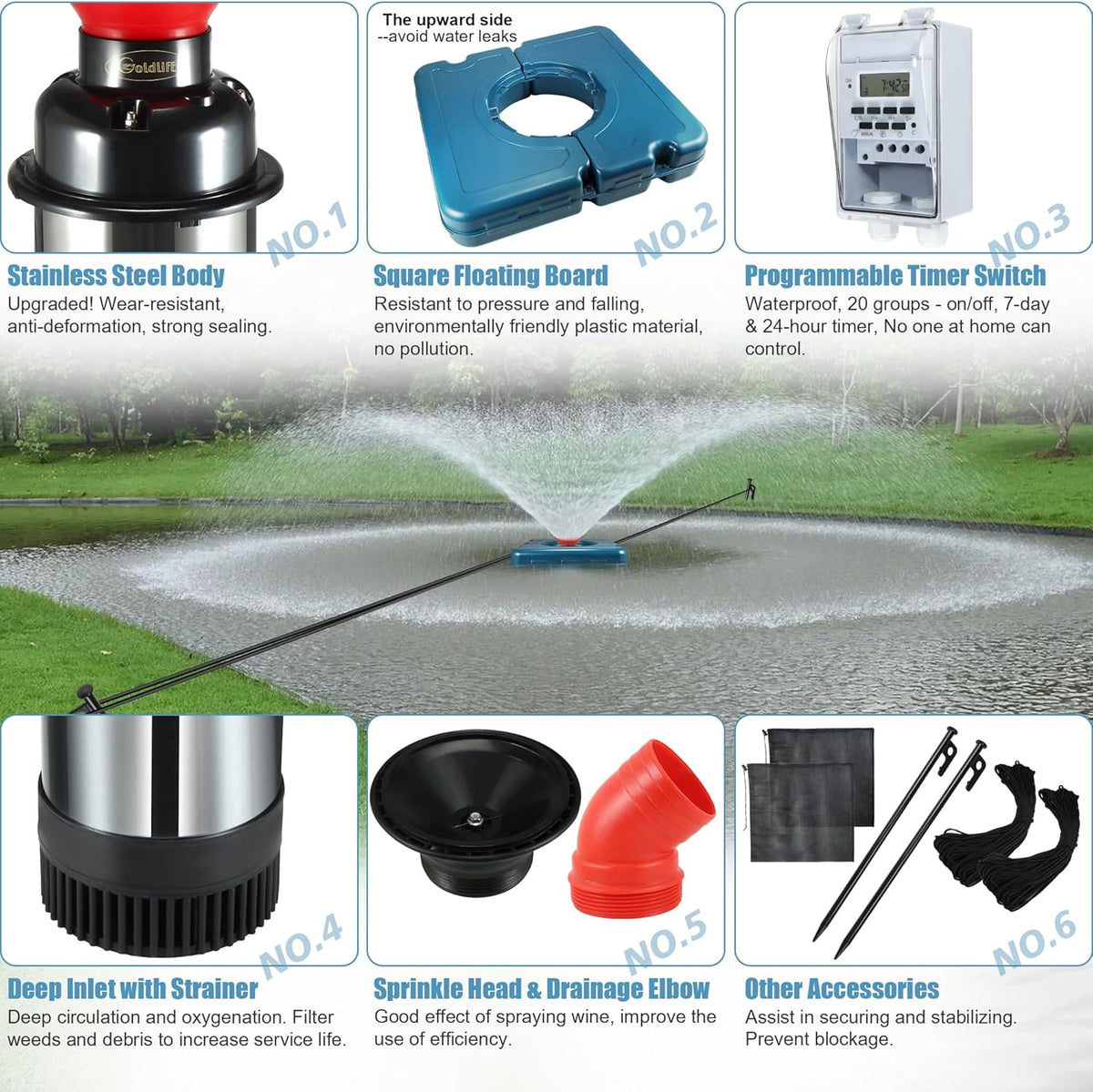 Pond Fountain Aerator F2 1HP 750W 15000GPH Floating Fountains Pump