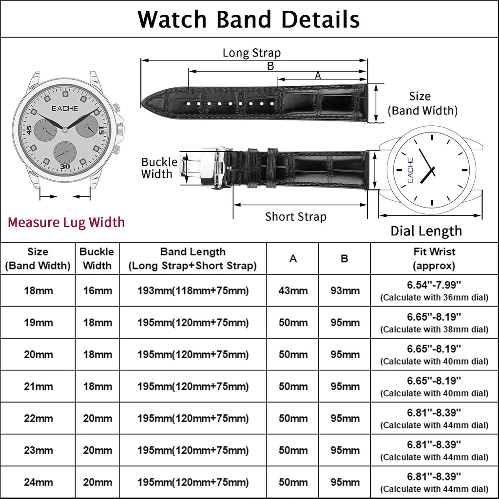 Alligator Grain Leather Watch Band, Quick Release Watch Strap 18-24mm | Upgraded dual-spring butterfly clasp