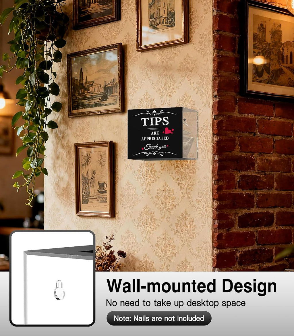 Acrylic Tip Jar, Wall-Mounted, 6 x 4 x 5 Inch, Black & Clear