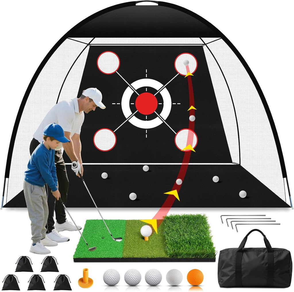 Golf Net 10x7FT with Tri-Turf Mat, Ball, Target & Bag, All-in-One Golf Practice Hitting Net for Backyard Driving