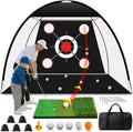 Golf Net 10x7FT with Tri-Turf Mat, Ball, Target & Bag, All-in-One Golf Practice Hitting Net for Backyard Driving