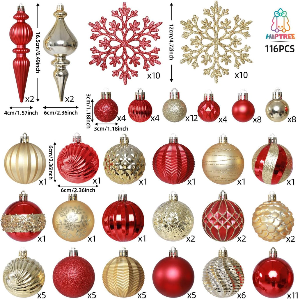 116ct 1.18-6.5" Red Gold Christmas Tree Ornaments Decorations Set | Shatterproof Luxury Assorted Hanging Baubles