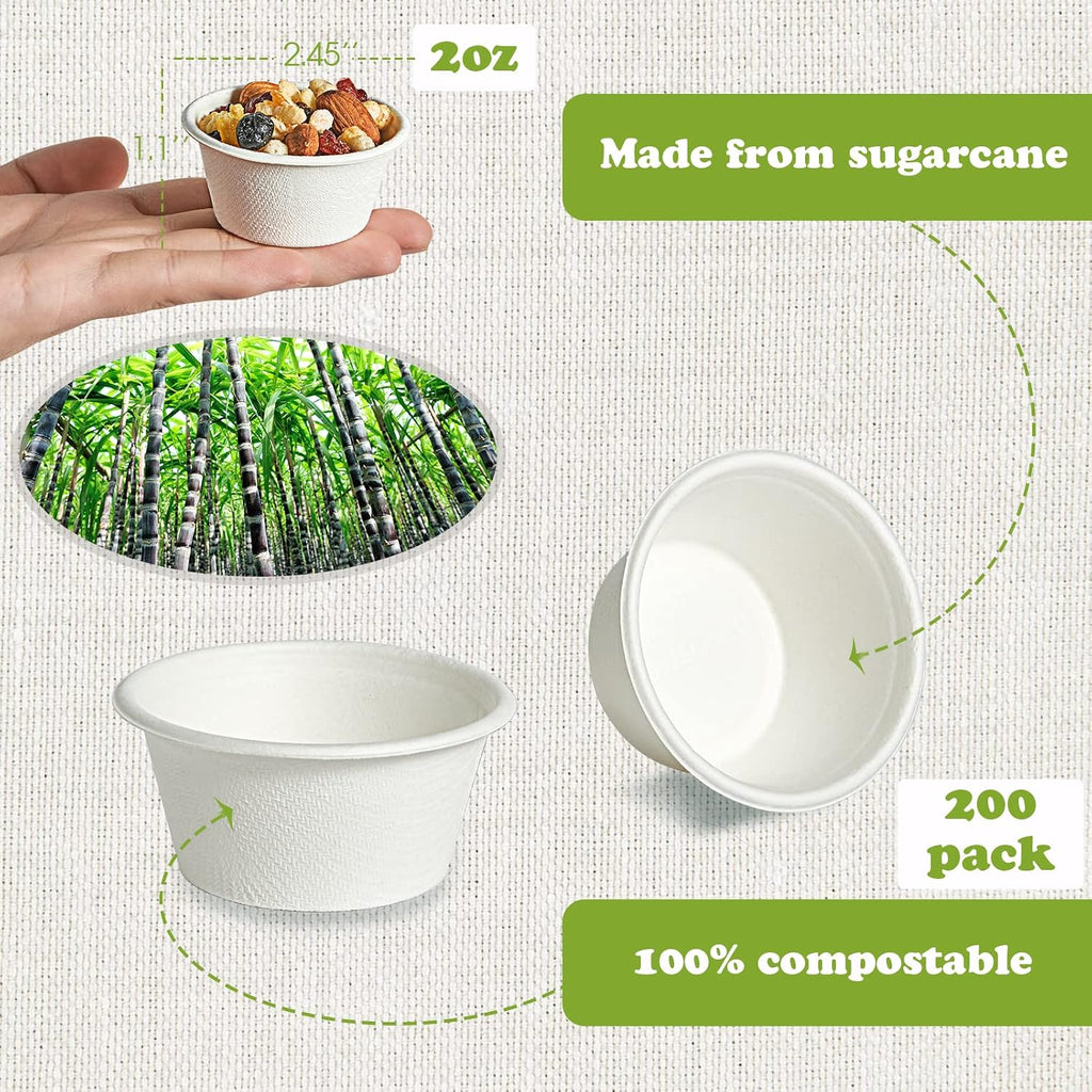 200 Pack 2 oz Compostable Portion Cups, Biodegradable Souffle Cups