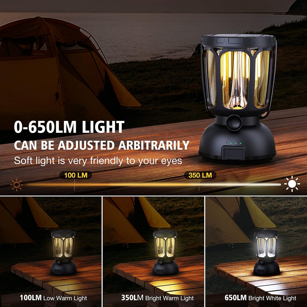 6000 LED Camping Lantern Rechargeable, 650LM Hand Crank Solar Camping Light, Portable Battery Powered Lantern for