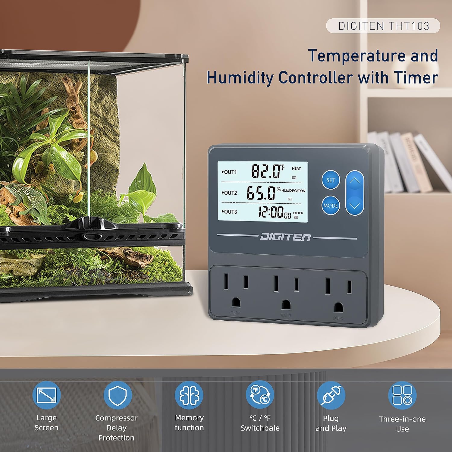 Reptile Temp & Humidity Controller with Timer Outlet | Temperature Control, Humidity Control, Timer, 3-Stage Outlet