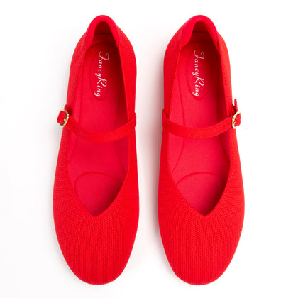 Flats for Women Mary Jane Shoes Knit Round Toe Ballet Flats with Strap Womens Comfortable Work Flat,Size 6.5,Red