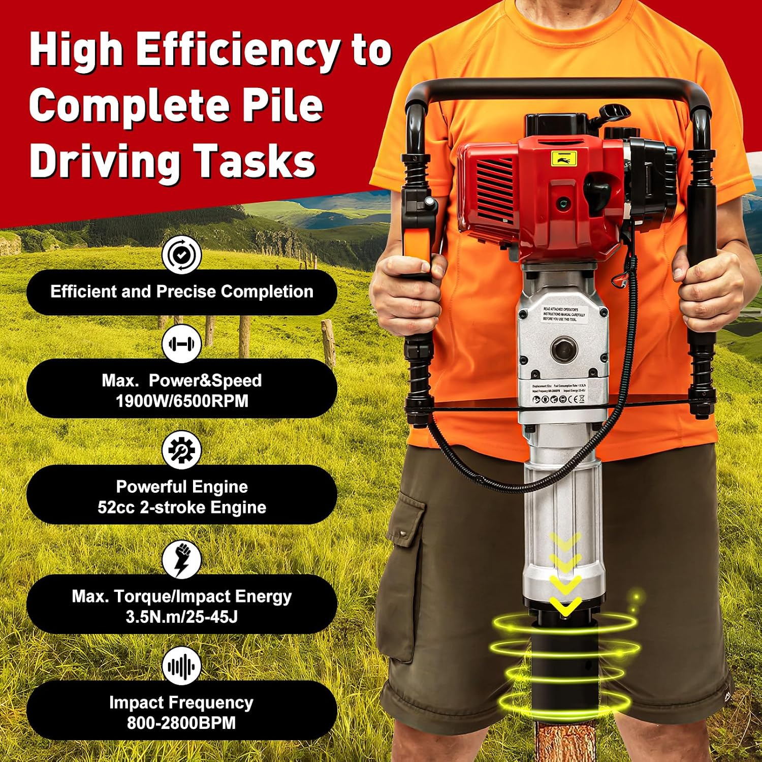 T Post Driver, Post Pounder, 52CC 2-Stroke Gas Powered Fence Post Driver, 2.5HP Heavy Duty Gasoline Post Hammer with