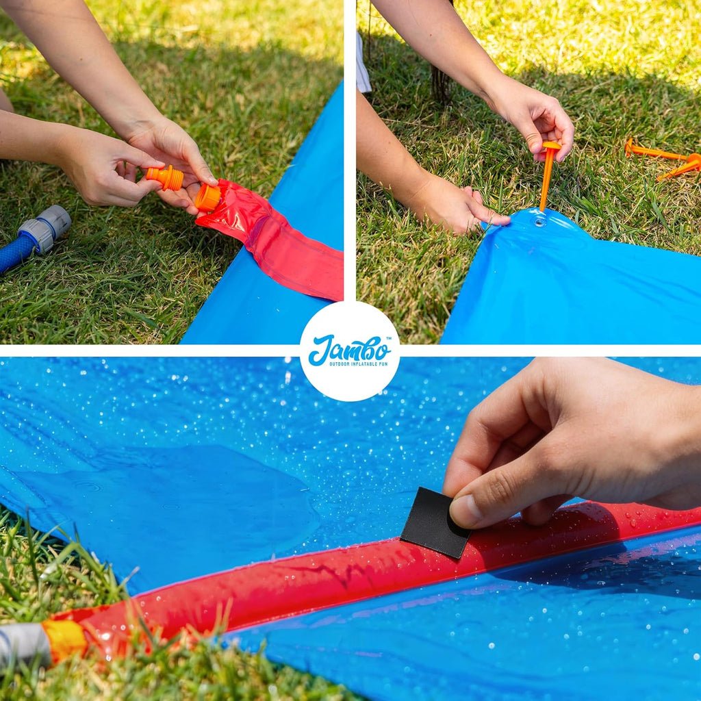 3-Pack Lawn Water Slide Bodyboards with Mesh Storage Bag – Includes Slide Repair Patches, Ground Anchors & Hose