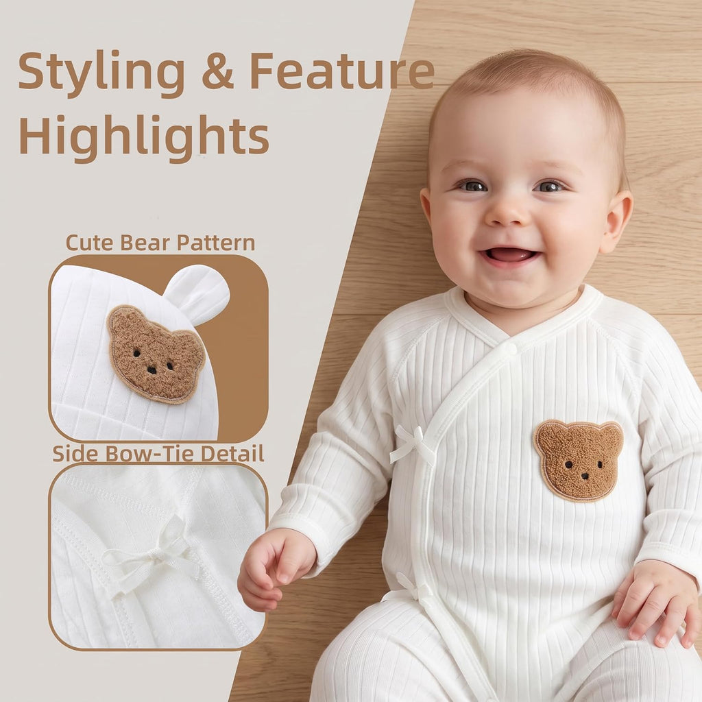 Baby Boy Romper with Hat 100% Cotton Girl Cute Bear Ribbed Long Sleeve Bodysuit