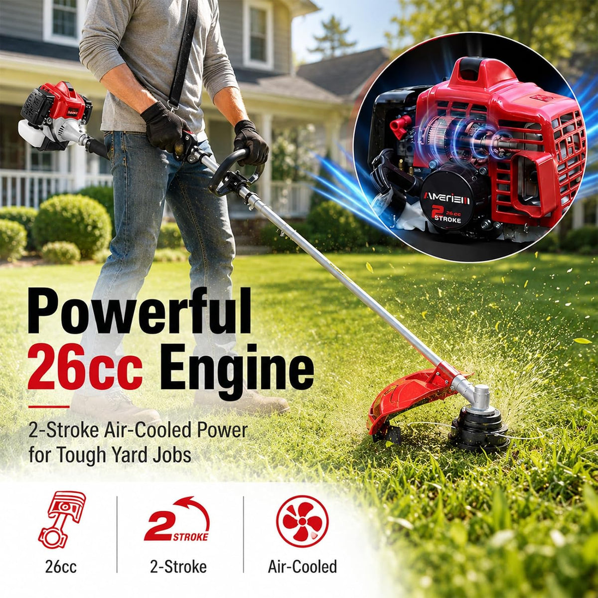 26cc Gas String Trimmer, 3-in-1 Weed Trimmer/Edger/Brush Cutter, 16" Cutting Path, 10" Metal Blade, Heavy-Duty for
