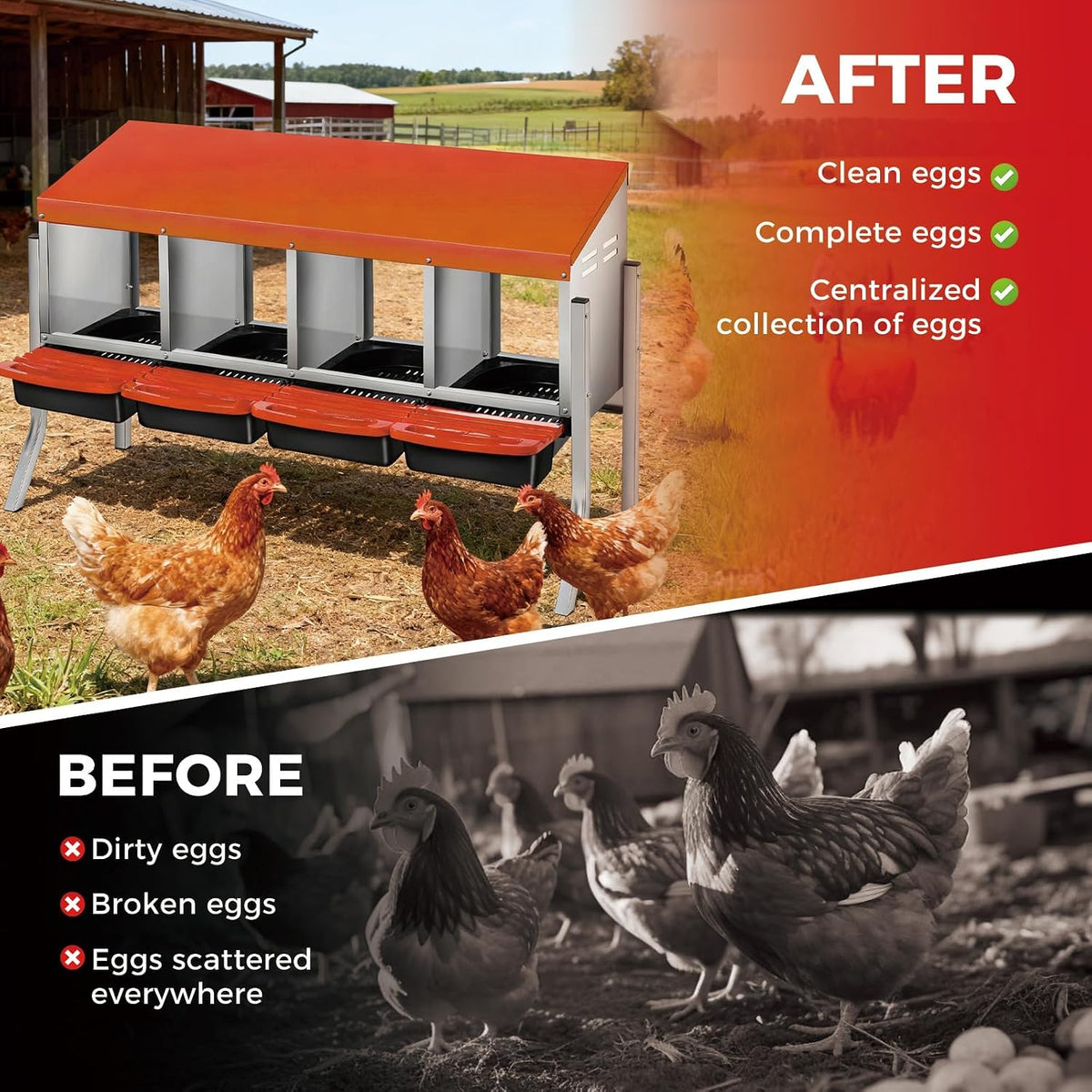 4 Compartments Chicken Nesting Box, 41"×13"×27" Large Laying Boxes for Hens